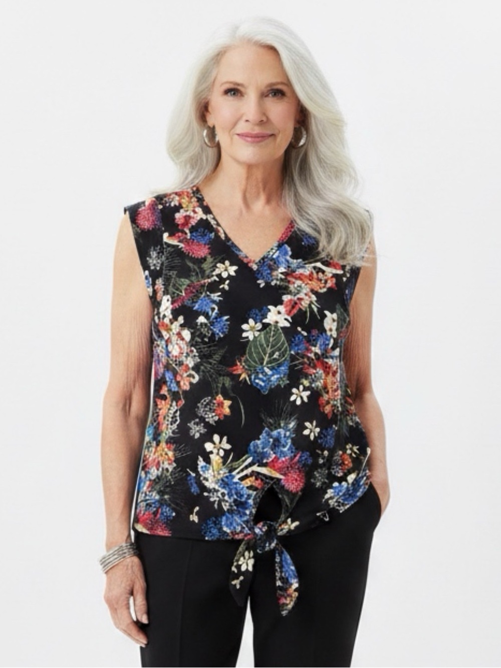 NWT Rachel Roy Women's Floral Top Tie Waist V-Neck Sleeveless 95% Cotton Size M